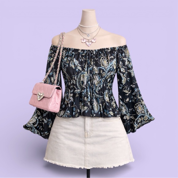 Biyaycda Tops - Y2K Black Blue Paisley Off Shoulder Bell Sleeve Top Small